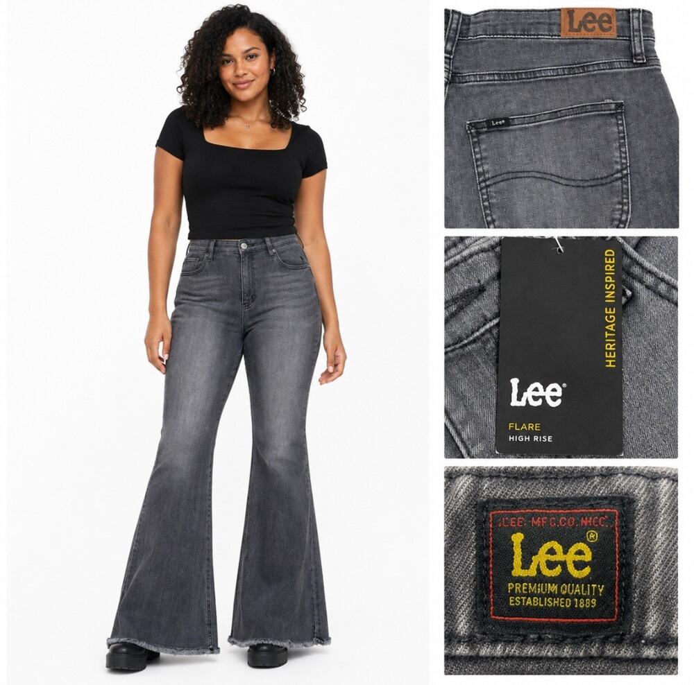 NWT Y2K Indie Sleaze Lee Heritage High Rise Flare Jeans Size 16 Gray Wash Denim